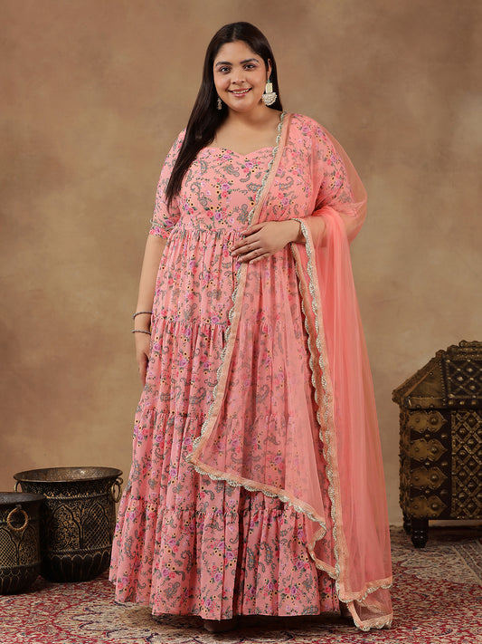 Plus Size Floral Printed Tiered Flared Kurta With Dupatta