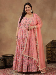 Plus Size Floral Printed Tiered Flared Kurta With Dupatta