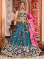 Teal Tissue Fabric Sequins embroidery Semi Stitched Lehenga & Unstitched Blouse With Dupatta