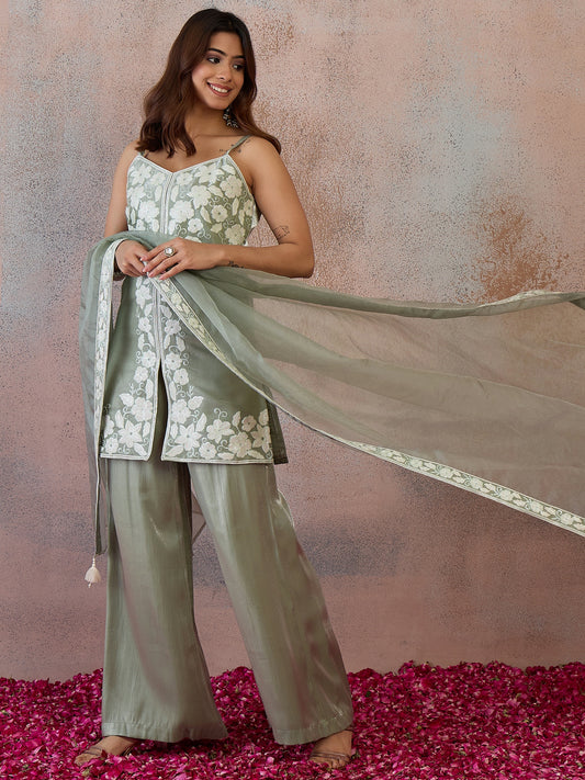 Women Floral Thread Embroidered Kurta & Palazzo with Dupatta