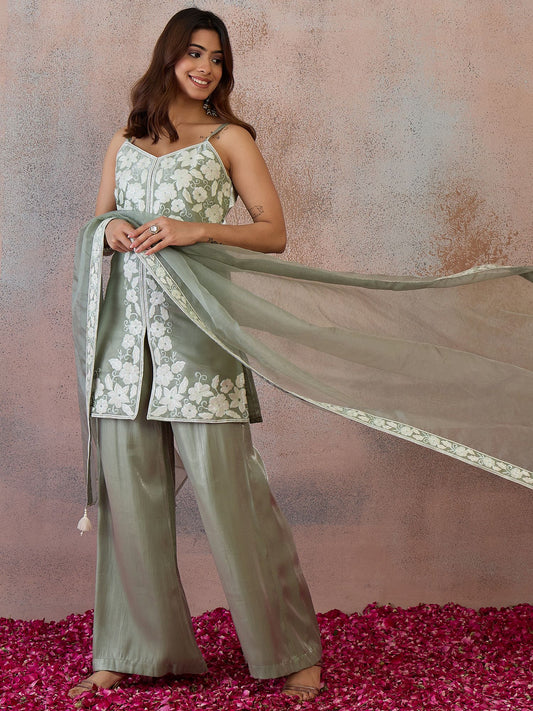 Women Floral Thread Embroidered Kurta & Palazzo with Dupatta