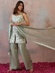Women Floral Thread Embroidered Kurta & Palazzo with Dupatta