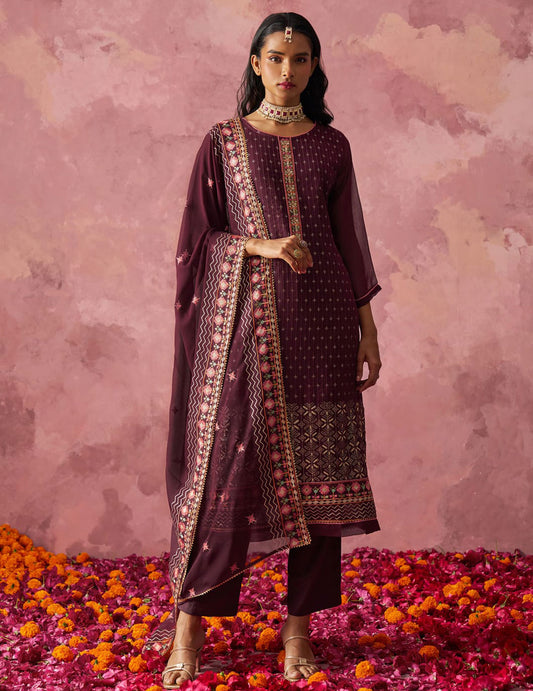 Wine Straight Embroidered Kurta Set