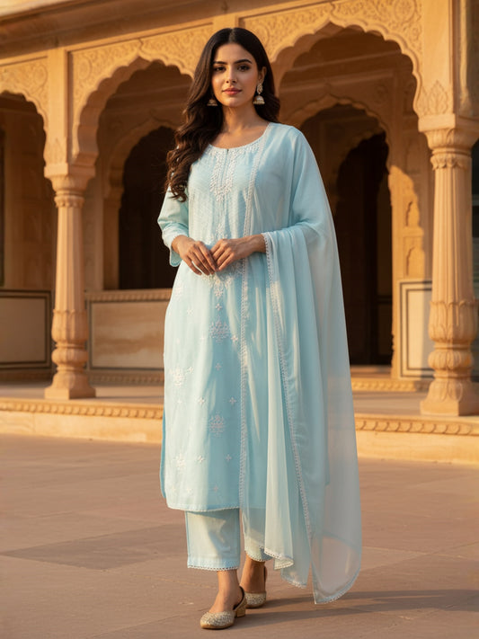 Women Ethnic Motifs Embroidered Regular Thread Work Pure Cotton Kurta with Trousers & With Dupatta
