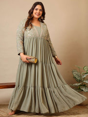 Embroidered V-Neck Fit & Flare Ethnic Dresses