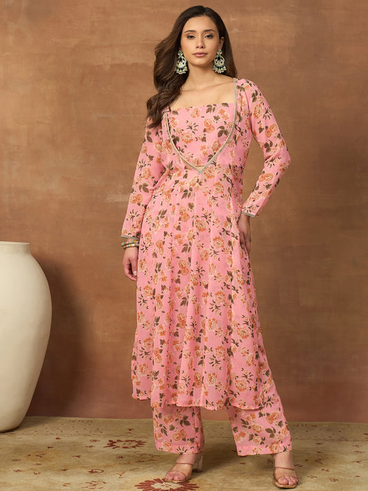 Women Floral Printed Regular Thread Work Kurta with Trousers