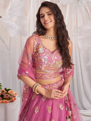 Pink Organza Sequins embroidery Semi Stitched Lehenga choli and Dupatta