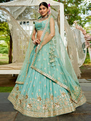 Sea Green colour Chinnon Sequinse embroidery Semi-Stitched Lehenga choli and Dupatta