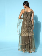 Women Green Striped Net Bling it On Kurta Set