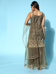 Women Green Striped Net Bling it On Kurta Set