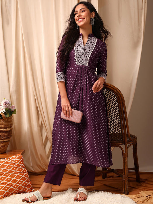 Maroon Bandhani Printed Mandarin Collar Thread Work A-Line Kurta