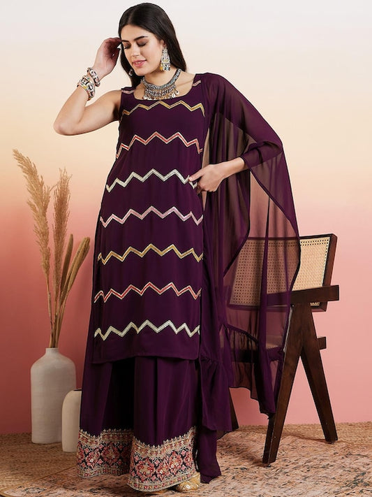 Maroon Ethnic Motifs Embroidered Thread Work Georgette Kurta With Palazzo & Dupatta