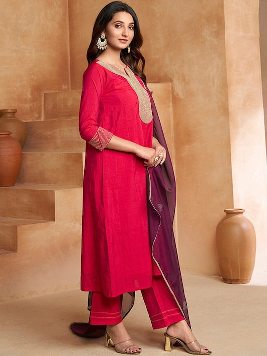 Magenta Yoke Design Regular Kurta with Trousers & Dupatta