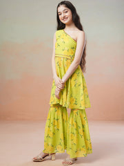Girls yellow Floral Printed Gotta Patti Kurta with Sharara