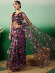 Purple Floral Digital Printed Organza Saree