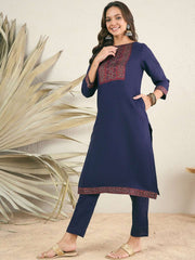 Navy blue Geometric Yoke Design Regular Straight Kurta With Trousers