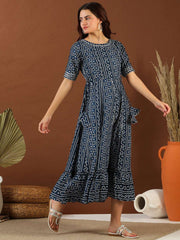 Navy blue Bandhini Printed Cotton Tie Up Lace Fit & Flare Midi Ethnic Dress