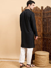 Black Checked Embroidered Mandarin Collar Straight Kurta