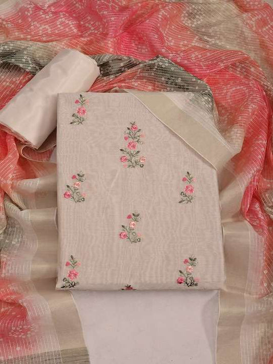 Cream Embroidered Pure Cotton Unstitched Dress Material
