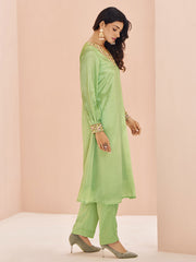 Chinon Green Handwork Kurta with Pant