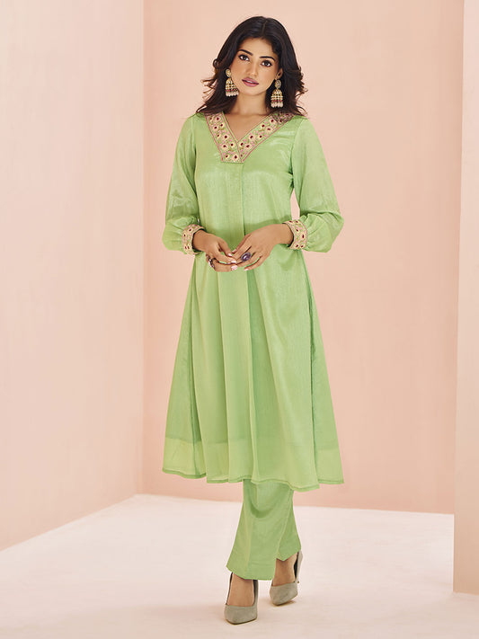 Chinon Green Handwork Kurta with Pant