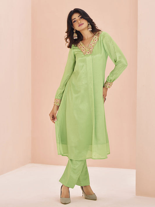 Chinon Green Handwork Kurta with Pant