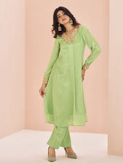 Chinon Green Handwork Kurta with Pant