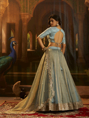 Sequins Work Art Silk Cyan Wedding Wear Lehenga Choli