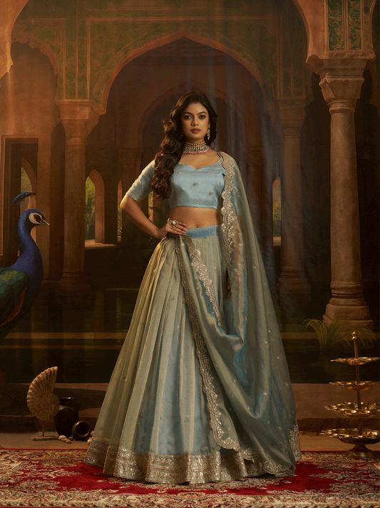 Sequins Work Art Silk Cyan Wedding Wear Lehenga Choli