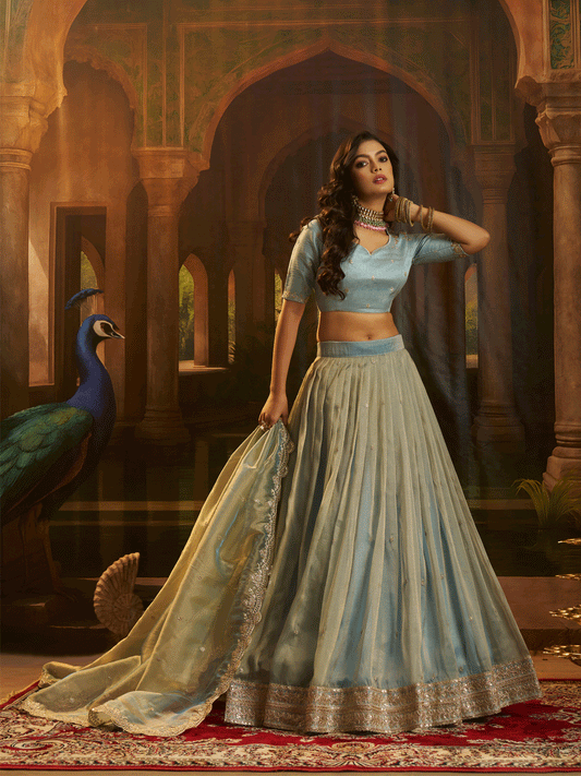 Sequins Work Art Silk Cyan Wedding Wear Lehenga Choli