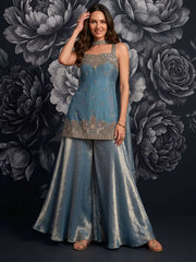 Sky Blue Tora Silk Hand Work Palazzo Style Kurta Set