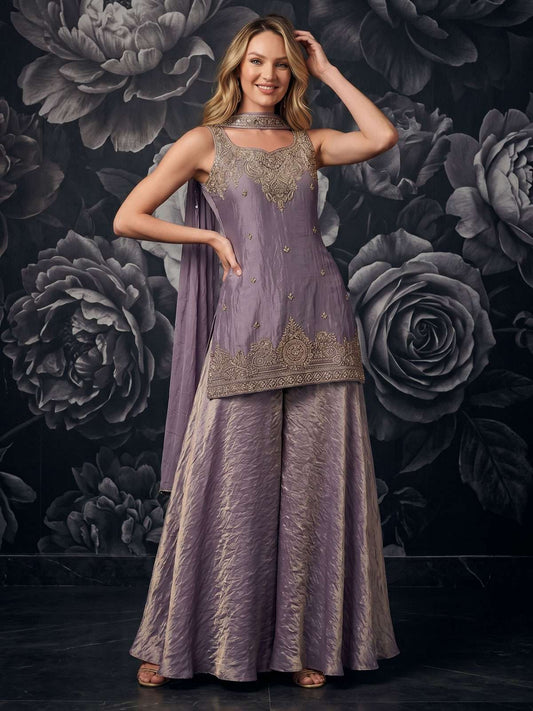Mauve Tora Silk Hand Work Palazzo Style Kurta Set