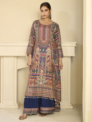 Blue Crepe Silk Aari Gota Printed Beads Palazzo Suit