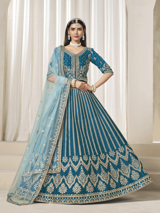 Trendy Teal Blue Art Silk Bridal Lehenga Choli with Heavy Golden Embroidery and Net Dupatta