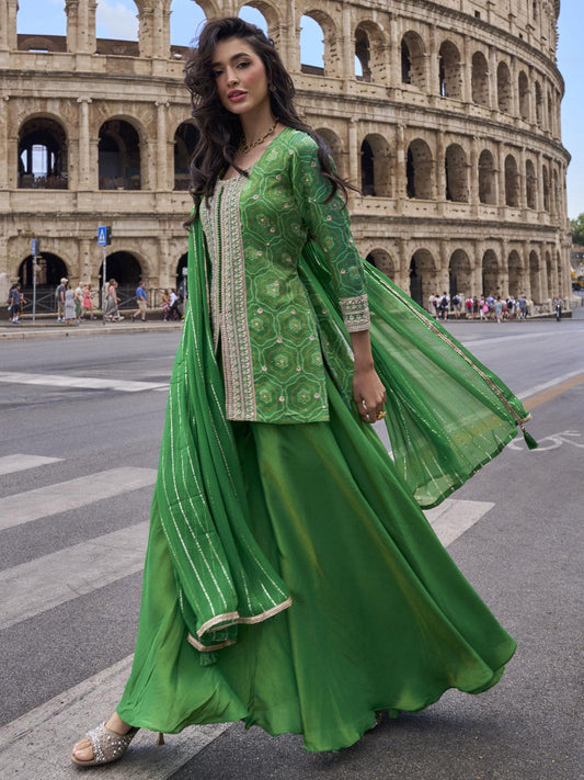 Green Simar Silk Slit Style Plazzo Suit