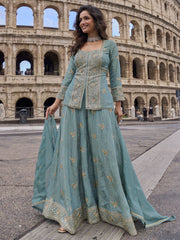 Peacock Blue Simar Silk Slit Style Plazzo Suit