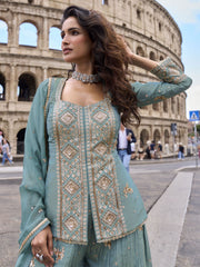Peacock Blue Simar Silk Slit Style Plazzo Suit