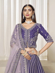 Stunning Purple Art Silk Bridal Lehenga Choli with Heavy Golden Embroidery and Net Dupatta