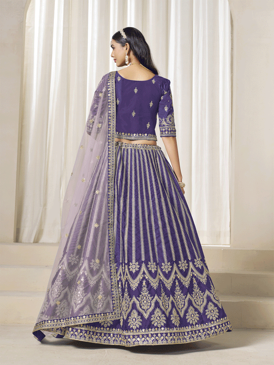 Stunning Purple Art Silk Bridal Lehenga Choli with Heavy Golden Embroidery and Net Dupatta
