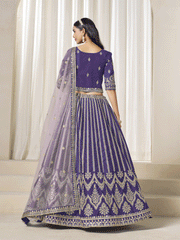 Stunning Purple Art Silk Bridal Lehenga Choli with Heavy Golden Embroidery and Net Dupatta