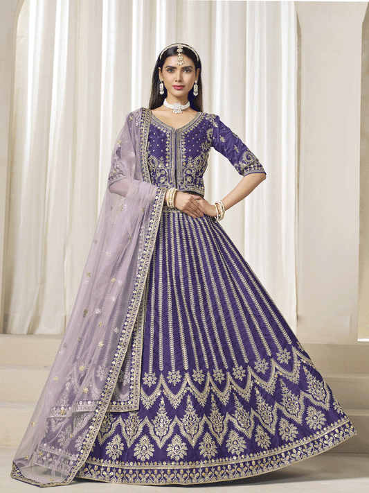 Stunning Purple Art Silk Bridal Lehenga Choli with Heavy Golden Embroidery and Net Dupatta
