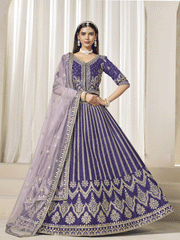 Stunning Purple Art Silk Bridal Lehenga Choli with Heavy Golden Embroidery and Net Dupatta