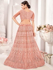 Peach Embroiderd Net Lehenga