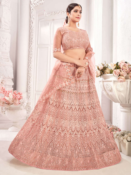 Peach Embroiderd Net Lehenga
