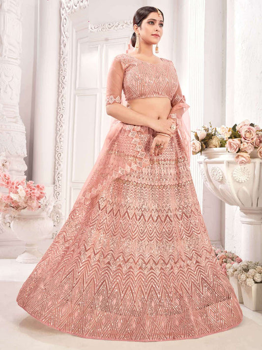 Peach Embroiderd Net Lehenga