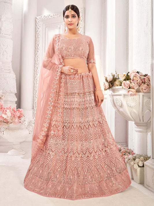 Peach Embroiderd Net Lehenga