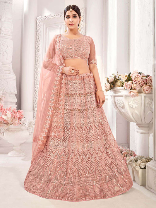 Peach Embroiderd Net Lehenga