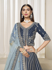 Dashing Navy Blue Art Silk Bridal Lehenga Choli with Heavy Golden Embroidery and Net Dupatta