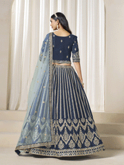 Dashing Navy Blue Art Silk Bridal Lehenga Choli with Heavy Golden Embroidery and Net Dupatta