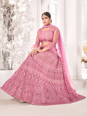 Pink Embroiderd Net Lehenga